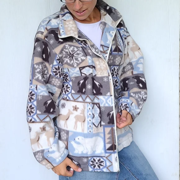 Vintage Jackets Coats Vintage Alfred Dunner Woodland Deer Penguin Cozy Fleece Zipup Jacket Gorpcore Poshmark